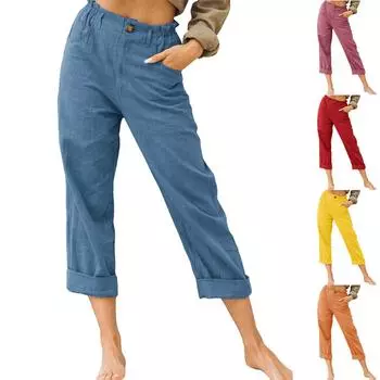 Модные однотонные хлопковые льняные модные свободные повседневные брюки с высокой талией для женщин M красный