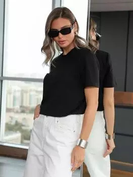 Модные однотонные хлопковые женские футболки с круглым вырезом, повседневные топы с короткими рукавами S чёрный
