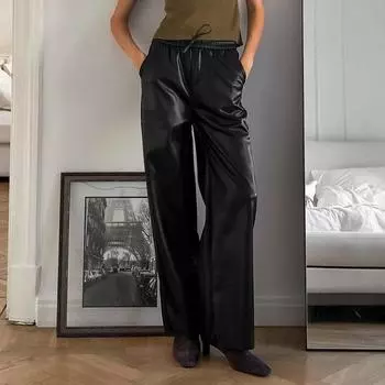 Модные однотонные кожаные женские брюки, повседневные свободные простые черные длинные брюки, новые ретро-женские брюки на шнурке S коричневый