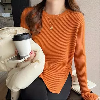 Модные однотонные облегающие пуловеры вязаный свитер женский с длинным рукавом с круглым вырезом повседневные зимние женские свитера элегантные пуговицы женские джемперы трикотаж 25614 One Size чёрный