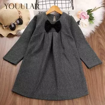 Модные однотонные платья с бантом для девочек, зима-осень, детское повседневное платье, детская праздничная прямая детская милая одежда 90 серый