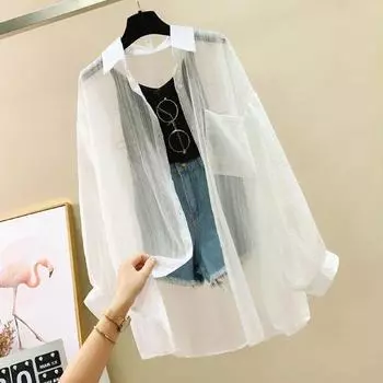 Модные однотонные повседневные рубашки с длинным рукавом для женщин, весна и лето, тонкие простые свободные блузки для женщин, застегивающиеся на пуговицы, солнцезащитная рубашка для офиса, женская одежда XXXL белый