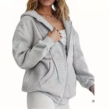 Модные однотонные повседневные толстовки больших размеров для женщин, спортивная одежда, модные уличные свободные толстовки на молнии, женские пальто, осенне-зимние женские пальто с капюшоном 31037 S белый