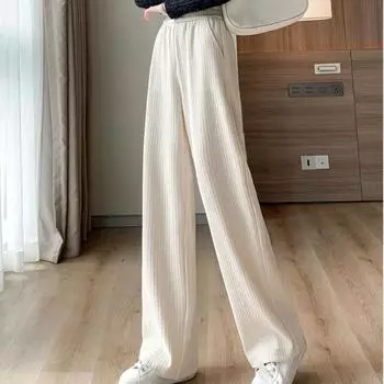 Модные однотонные повседневные вельветовые широкие брюки женские осенне-зимние свободные прямые повседневные брюки из синели женские узкие плюшевые брюки с высокой талией 25676 S