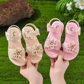 Модные однотонные сандалии с открытым носком и милым цветком для девочек, детская обувь 16 розовый
