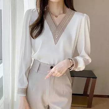 Модные однотонные шифоновые женские рубашки с v-образным вырезом, повседневные блузки с длинными рукавами для женщин, свободные женские блузки больших размеров, одежда 13366 S белый
