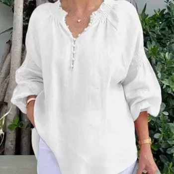 Модные однотонные свободные рубашки женские летние повседневные блузки и топы с длинным рукавом и V-образным вырезом на пуговицах повседневный элегантный топ XXXL белый