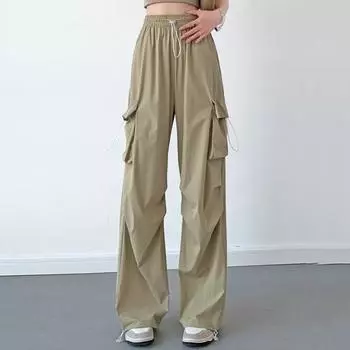 Модные однотонные свободные широкие брюки для женщин. Элегантные повседневные брюки-карго с высокой талией. Женская уличная одежда. Винтажные простые офисные женские брюки 24319. S чёрный