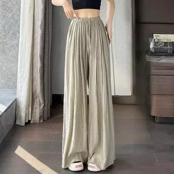 Модные однотонные свободные широкие брюки женские летние тонкие винтажные прямые повседневные брюки женские с высокой талией элегантные офисные женские брюки 24246 S чёрный