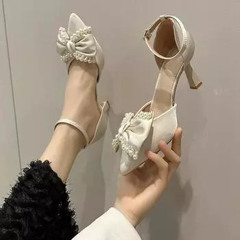 Модные однотонные туфли на высоком каблуке для женщин 2024 года, летние новые сексуальные туфли-бабочки с одним словом, повседневные удобные туфли для женщин 35 бежевый