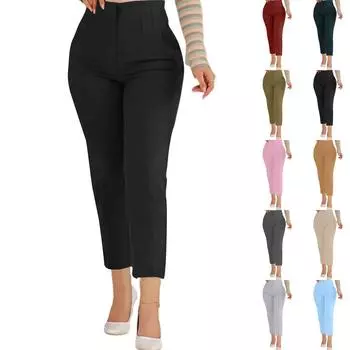 Модные однотонные женские дышащие длинные брюки, свободные повседневные укороченные рабочие брюки с широкими карманами и высокой талией