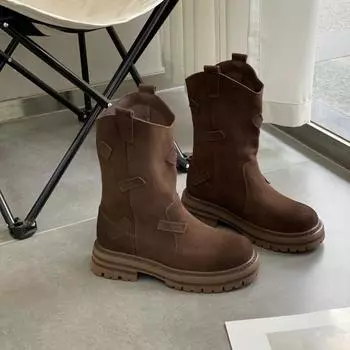 Модные однотонные женские сапоги, полусапожки, женские ботильоны с круглым носком и толстым каблуком, осенне-зимние женские туфли 35