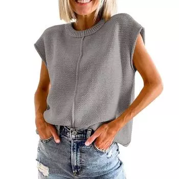 Модные офисные топы без рукавов, повседневный свободный вязаный свитер с круглым вырезом, винтажный однотонный пуловер для женщин Sueter Mujer 29573 S абрикосовый