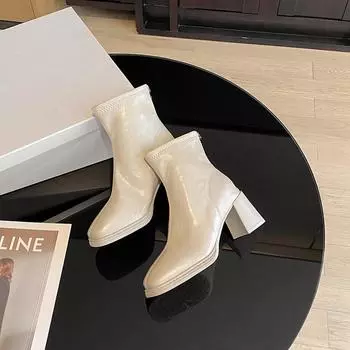 Модные осенне-зимние элегантные женские ботинки с квадратной головкой, застежка-молния сзади, 2024, горячая распродажа, новые однотонные туфли со шнуровкой и пряжкой, модная женская обувь 34 бежевый