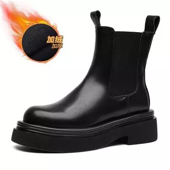 Модные осенне-зимние кожаные ботинки челси для мужчин, туфли на платформе, мужские повседневные плюшевые теплые ботинки на толстой подошве, мотоциклетные ботинки 38 чёрный