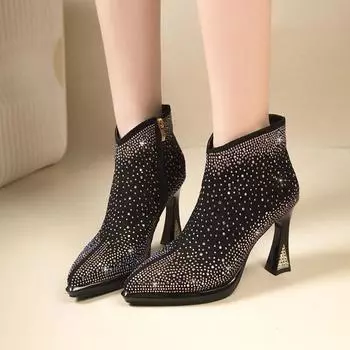 Модные осенне-зимние новые ботильоны на тонком каблуке со стразами для женщин, модные черные дизайнерские туфли на мягкой подошве для женщин, сексуальные туфли на высоком каблуке 34