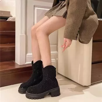 Модные осенне-зимние новые женские сапоги со стразами 2024 года, горячая распродажа, модная износостойкая обувь с круглым носком для женщин 35 бежевый