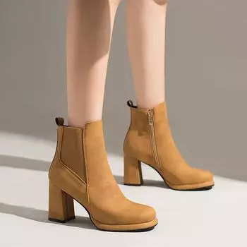 Модные осенне-зимние ретро-ботфорты из искусственной кожи на платформе, женские короткие ботинки с круглым носком, толстые высокие каблуки, ботинки челси 34-48 6