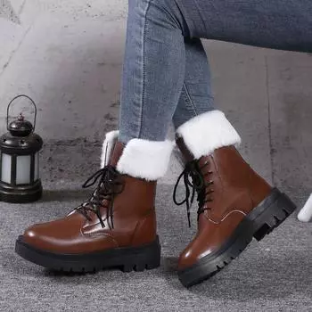 Модные осенне-зимние теплые меховые женские ботильоны на низком каблуке с толстой подошвой, нескользящей подошвой, круглым носком, со шнуровкой, однотонные кожаные женские ботинки 35 темно-коричневого