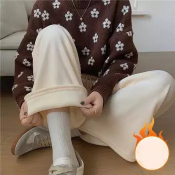 Модные осенне-зимние вельветовые широкие брюки для женщин, новые прямые бархатные длинные брюки с высокой талией, свободная повседневная одежда со шнурком 2688 One size чёрный