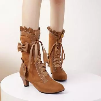 Модные осенне-зимние винтажные женские викторианские ботинки на шнуровке с высоким каблуком, ботильоны с оборками, обувь для косплея принцессы Лолиты для вечеринки 34 чёрный