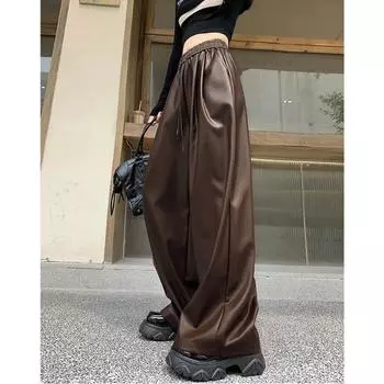 Модные осенне-зимние женские кожаные брюки в стиле ретро, свободные повседневные брюки с широкими штанинами, элегантные однотонные простые длинные брюки из искусственной кожи 2346 S чёрный