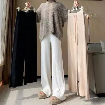 Модные осенне-зимние женские трикотажные брюки с широкими штанинами, новые свободные длинные брюки на шнурке с высокой талией, повседневные однотонные плиссированные брюки 2379 S белый