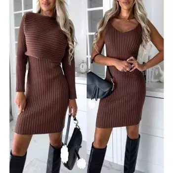 Модные осенние элегантные трикотажные женские платья, комплекты, зимнее тонкое однотонное платье с длинным рукавом из двух частей, зимние сексуальные вечерние платья из двух частей 30462 S коричневый