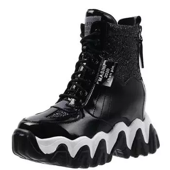 Модные осенние блестящие кожаные ботинки 7 см на танкетке, женские ботильоны, высокие кроссовки на платформе, зимние красные мотоциклетные туфли, женская обувь 34 чёрный
