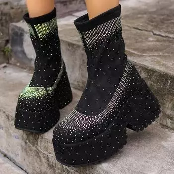 Модные осенние ботинки на квадратном каблуке, женские модные полусапожки с круглым носком, с рукавами-шортами и толстой подошвой 35 чёрный