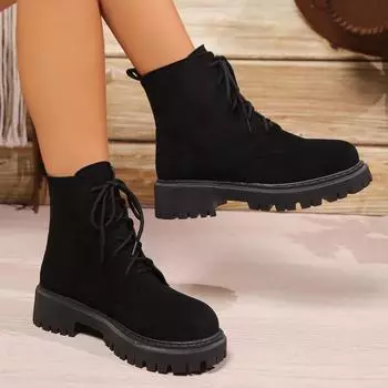 Модные осенние черные ботильоны на низком каблуке для женщин, короткие ботильоны на шнуровке и платформе, удобные женские ботинки больших размеров 35 чёрный