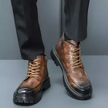 Модные осенние и зимние мужские высокие кожаные ботинки Модный дизайнерский стиль Отдых на природе Бизнес Вечеринка Свадьба Сапоги на толстой подошве 38 коричневый