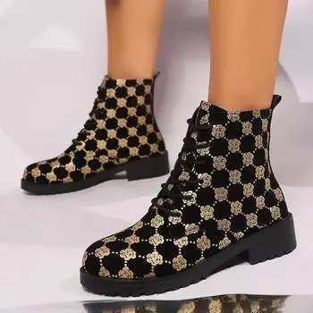 модные осенние новые массивные ботильоны женские модные круглые передние шнурки с принтом мягкая подошва нескользящие удобные одинарные туфли 36 чёрный