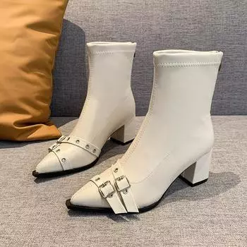 Модные осенние новые массивные одинарные ботинки женские модные заостренные металлические пряжки молния сзади нескользящие удобные короткие ботинки 34 бежевый