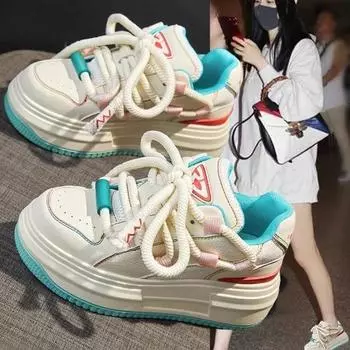 Модные осенние новые женские туфли с увеличенной толщиной подошвы, кроссовки с цветным блоком, противоскользящие, износостойкие, на шнуровке, одинарные туфли 34 бежевый