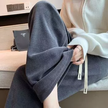 Модные осенние однотонные бархатные широкие брюки для женщин 2024 зимние прямые повседневные мягкие теплые женские брюки элегантные свободные брюки с высокой талией 31058 M чёрный