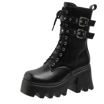 модные осенние сапоги на толстом каблуке до середины икры женские 9 см массивные кроссовки высокие каблуки зимние туфли на платформе кожаные женские сапоги в стиле панк с металлической пряжкой 35 чёрный
