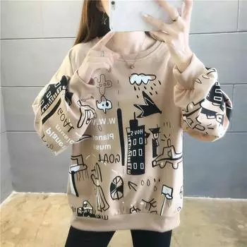 Модные осенние толстовки для молодых девушек большого размера с принтом в стиле Харадзюку, женские толстовки с длинным рукавом, уличные готические пуловеры, топы M