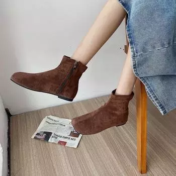 Модные осенние замшевые женские ботильоны модные квадратные носки с боковой молнией на плоской подошве элегантные короткие ботинки для женщин в стиле ретро 35 чёрный