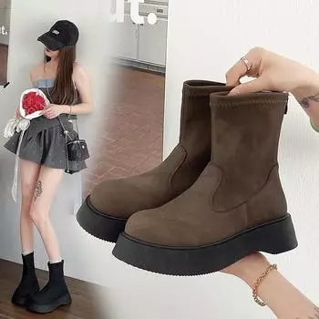 Модные осенние женские ботильоны на толстой подошве, замшевые, черные, эластичные, тонкие, короткие, на толстом каблуке 35 чёрный