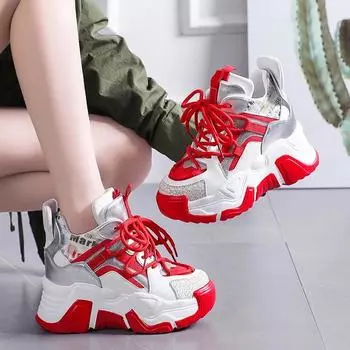 Модные осенние женские кроссовки, новые дышащие туфли на высокой платформе, женские, вулканизированные, повседневные, массивные кроссовки Zapatillas Mujer 9 см 34 чёрный