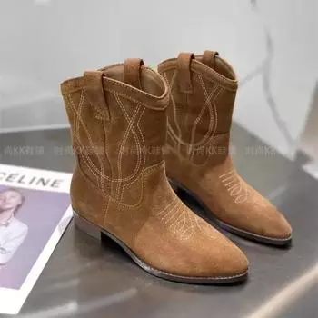 Модные осенние женские сапоги в стиле вестерн с острым носком, римская вышивка, толстый каблук, ботинки до середины голени для женщин, обувь на каблуке, повседневные женские сапоги 35 хаки