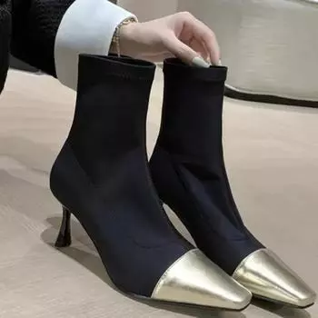 Модные осенние женские туфли на каблуке, новые ботильоны с острым носком и тонким каблуком для женщин, эластичные сапоги, женские сапоги, туфли на высоком каблуке 35 чёрный