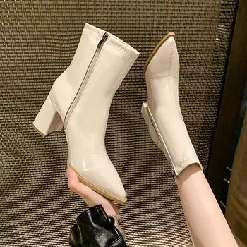 Модные осенние женские туфли на каблуке, зимние ботильоны из бархата на толстом каблуке для женщин, повседневные женские ботинки челси на высоком каблуке 35 бежевый