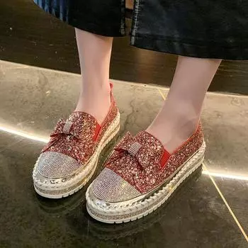 модные осенние женские туфли на плоской подошве с круглым носком без застежки для женщин плоские туфли с неглубокой подошвой уличные туфли-лоферы с блестящим узлом-бабочкой на платформе 35 чёрный