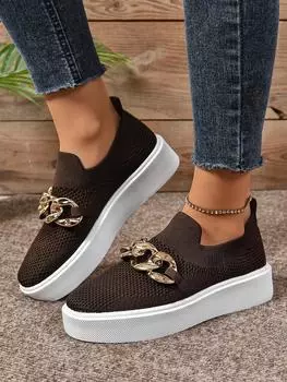 Модные осенние женские туфли на плоской подошве с круглым носком на плоской подошве для женщин, женские туфли для офиса, туфли без застежек на платформе, нескользящие туфли с металлическим украшением 36 темно-коричневого