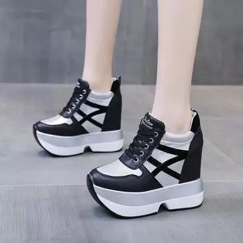 Модные осенние женские туфли на высокой платформе, увеличивающие рост, повседневные туфли, 12 см, толстая подошва, кроссовки, дышащая обувь, женские кроссовки 34 белый