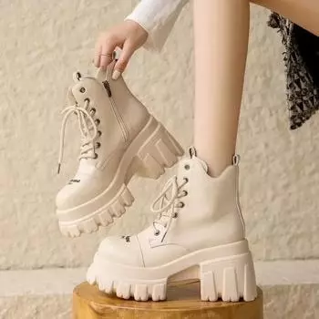 Модные осенние женские высокие ботильоны на платформе, зимние толстые подошвы, мотоциклетные ботинки, каблук 9,5 см, толстые металлические короткие кожаные кроссовки для женщин 34 чёрный