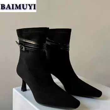 модные остроносые ботильоны женские сексуальные туфли челси на высоком каблуке женские зимние меховые замшевые туфли на высоком каблуке 2025 трендовые роскошные туфли-лодочки Bota Mujer 35 чёрный