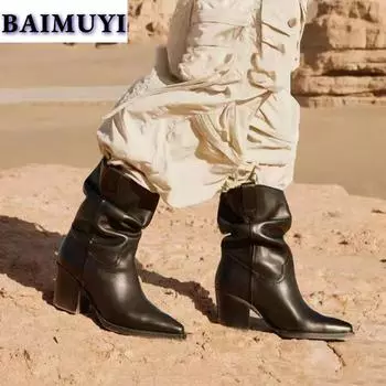 модные остроносые ботинки в стиле вестерн женские туфли челси на высоком каблуке 2025 года зимние короткие плюшевые теплые зимние кожаные ботинки в готическом стиле женские 35 чёрный